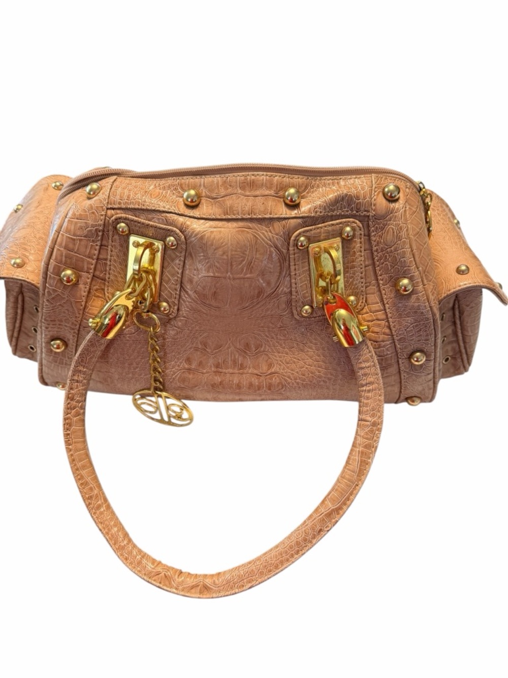Ella Tan Croc-Embossed Satchel with Gold Hardware